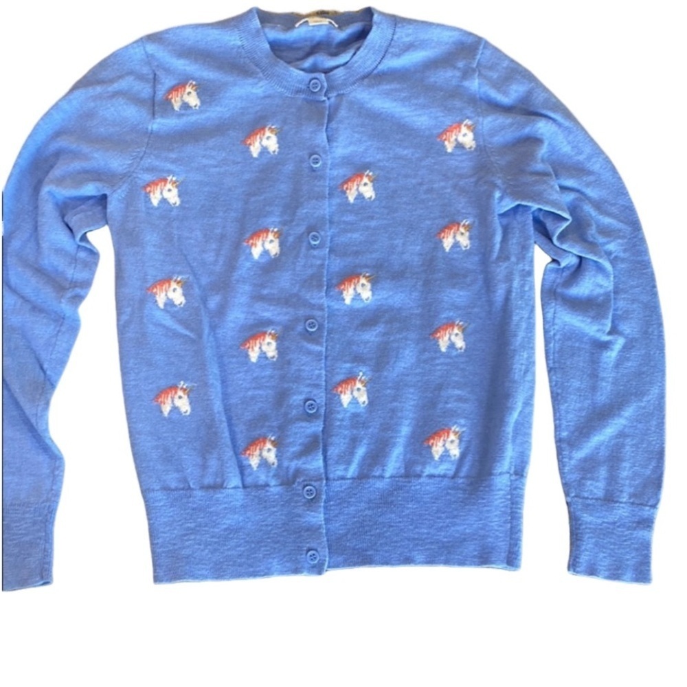 Crewcuts Sky Blue Knit Cardigan Sweater. Unicorn Pattern. Size 14.
